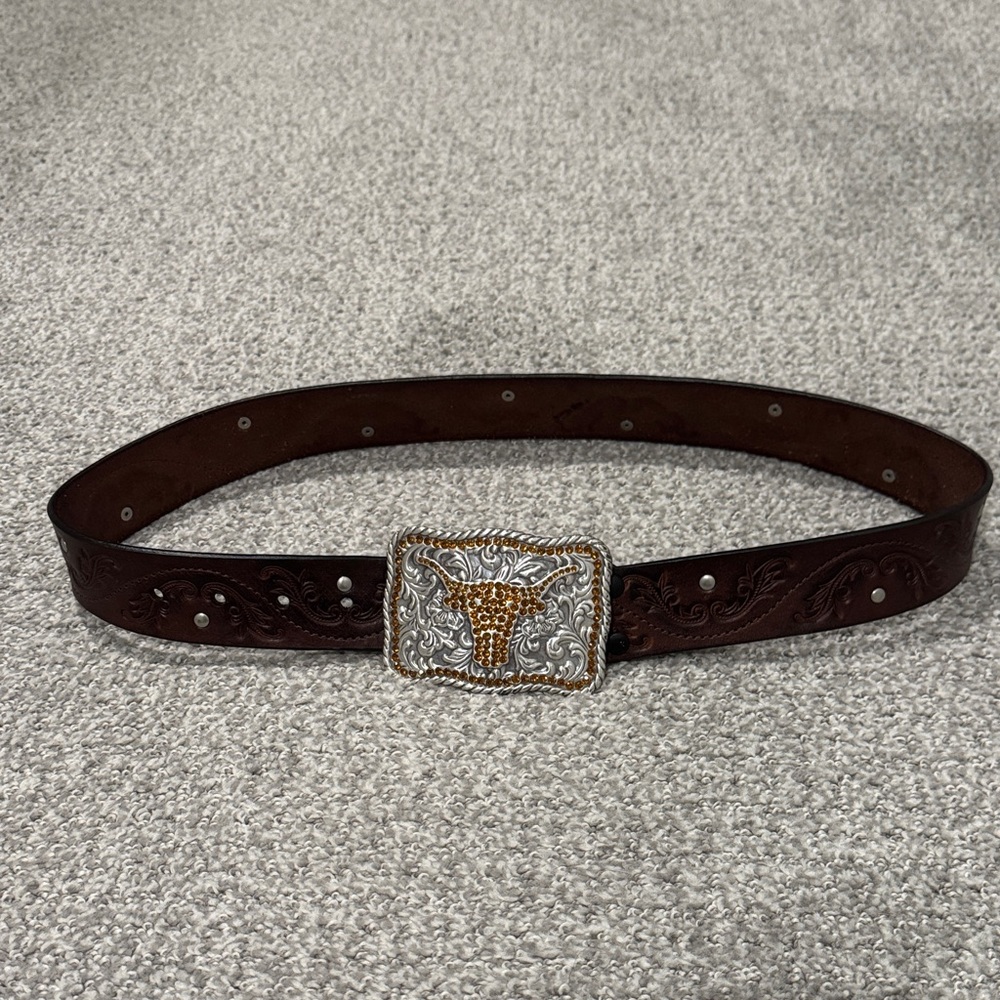 Brown Leather Belt with Longhorn bling accent